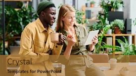  Presentation with green office - PPT layouts having two-young-multicultural-coworkers-watching background and a gold colored foreground