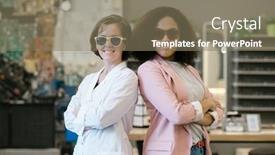  Presentation with females - Audience pleasing presentation design consisting of two-young-multicultural-females backdrop and a coral colored foreground