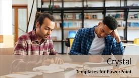 Presentation with multicultural - Theme having two young multicultural male students background and a coral colored foreground