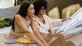  Presentation with friends - Presentation theme enhanced with two-young-multiethnic-female-friends and a coral colored foreground