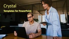  Presentation with working together - Presentation theme with two-young-multiracial-colleagues background and a tawny brown colored foreground