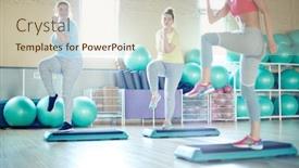  Presentation with step - Audience pleasing PPT theme consisting of two young overweight women looking at their trainer while exercising on step-platforms in fitness center backdrop and a soft green colored foreground