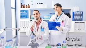  Presentation with scientist - Presentation with two-young-people-working background and a light blue colored foreground