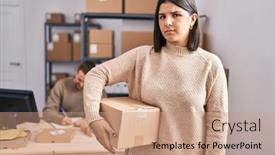  Presentation with young business people - Slides enhanced with two-young-people-working background and a coral colored foreground