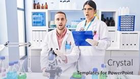  Presentation with scientist - Presentation theme featuring two-young-people-working background and a light blue colored foreground