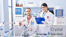  Presentation with young happy people smiling - Presentation theme consisting of two-young-people-working background and a light blue colored foreground