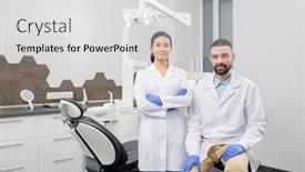  Presentation with medical equipment - Colorful slide set enhanced with two-young-professional-dentists backdrop and a light gray colored foreground