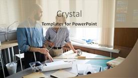  Presentation with consulting - Slide set featuring two young professional tailors consulting about items of their new seasonal collection background and a soft green colored foreground