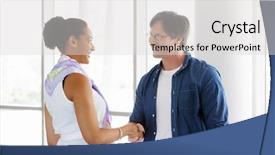  Presentation with shaking hands - Cool new slide set with two young professionals shaking hands backdrop and a  colored foreground