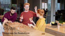  Presentation with debate - Colorful PPT layouts enhanced with two-young-red-haired-colleagues backdrop and a coral colored foreground