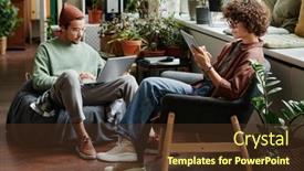  Presentation with coworkers - Presentation theme enhanced with two-young-serious-coworkers-using background and a tawny brown colored foreground