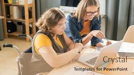  Presentation with managers - Beautiful PPT layouts featuring two-young-serious-female-managers backdrop and a coral colored foreground