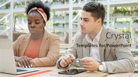  Presentation with intercultural - PPT layouts with two-young-serious-intercultural-colleagues background and a coral colored foreground