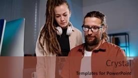  Presentation with data meeting - Slide deck enhanced with two-young-serious-it-engineer background and a tawny brown colored foreground