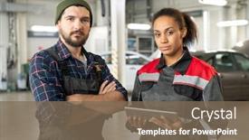  Presentation with maintenance - Amazing slide set having two-young-serious-workers backdrop and a violet colored foreground