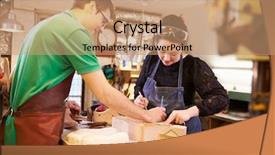  Presentation with german shepherd two young puppys - Audience pleasing PPT layouts consisting of two young shoemakers preparing shoe backdrop and a coral colored foreground