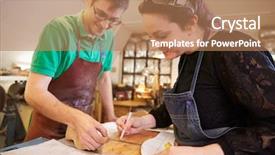  Presentation with german shepherd two young puppys - Slide deck with two young shoemakers preparing shoe background and a coral colored foreground