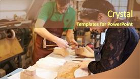  Presentation with shoe - Audience pleasing PPT theme consisting of two young shoemakers preparing shoe backdrop and a  colored foreground