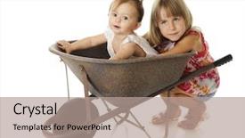  Presentation with sister - Amazing PPT layouts having two young sisters -- an adorable baby in an old wheelbarrow her sister squatting on the ground behind her on a white background backdrop and a coral colored foreground
