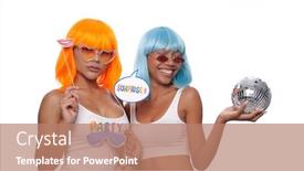  Presentation with party time - Amazing PPT theme having two-young-smiling-asian-women backdrop and a coral colored foreground