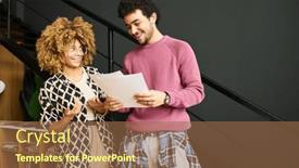  Presentation with data meeting - PPT layouts having two-young-smiling-economists background and a coral colored foreground