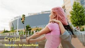  Presentation with video - Slide deck with two-young-smiling-girls-making and a coral colored foreground