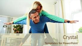  Presentation with upwards - Amazing PPT theme having two young smiling person with the hands lifted upwards at home backdrop and a soft green colored foreground