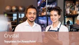  Presentation with staff - Beautiful PPT layouts featuring two-young-smiling-service-staff backdrop and a coral colored foreground