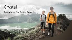  Presentation with young black couples hiking - Audience pleasing theme consisting of two young smiling women hikers backdrop and a white colored foreground