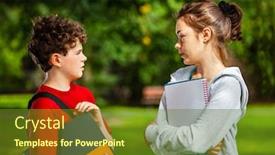  Presentation with students - Theme featuring two-young-students-talking background and a tawny brown colored foreground