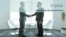  Presentation with shaking hands - Audience pleasing PPT theme consisting of two-young-successful-businessmen backdrop and a sky blue colored foreground