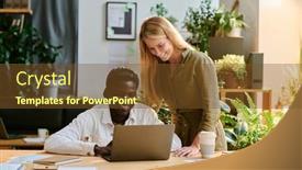  Presentation with coworkers - Slide deck featuring two-young-successful-coworkers-preparing background and a tawny brown colored foreground