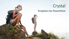  Presentation with tourists - Slide deck featuring two young tourists with backpacks relaxing on rocks and enjoying sunset background and a sky blue colored foreground