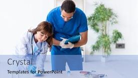  Presentation with vet - Presentation design with two young vet doctors examining sick cat background and a light blue colored foreground