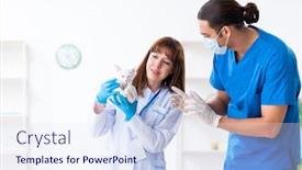  Presentation with vet - Presentation design with two young vet doctors examining sick cat background and a sky blue colored foreground