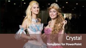  Presentation with helping others two hands woman - PPT theme having two young woman cosplayer wearing background and a tawny brown colored foreground