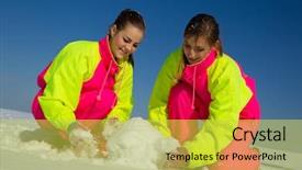  Presentation with snowball - Cool new slide deck with two young woman rolling a huge snowball in street in wintertime backdrop and a yellow colored foreground