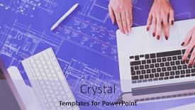  Presentation with desk - Slides having two-young-woman-standing-near background and a light blue colored foreground