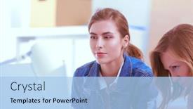  Presentation with desk - Audience pleasing presentation theme consisting of two-young-woman-standing-near backdrop and a light blue colored foreground