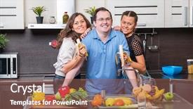  Presentation with green bananas hanging on banana - Colorful theme enhanced with two young women are fed backdrop and a violet colored foreground