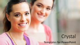  Presentation with full length portrait two men women brown sweater - Audience pleasing PPT theme consisting of two young women friends closeup backdrop and a mint green colored foreground