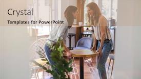  Presentation with flat - Slide set having two-young-women-furnishing background and a coral colored foreground