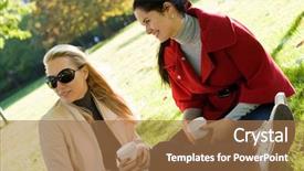  Presentation with coffee - Slide deck consisting of two young women having coffee background and a coral colored foreground