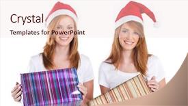  Presentation with christmas presents - Cool new PPT layouts with two young women holding christmas presents over white backdrop and a lemonade colored foreground