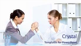  Presentation with wrestling - Slides having two young women in business wear arm wrestling in office background and a sky blue colored foreground