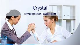  Presentation with wrestling - Colorful slide set enhanced with two young women in business wear arm wrestling in office backdrop and a sky blue colored foreground