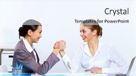  Presentation with wrestling - Presentation featuring two young women in business wear arm wrestling in office background and a sky blue colored foreground