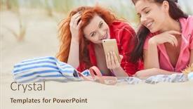  Presentation with sharing - PPT theme with two young women laying sunbathing on a white sand beach relaxing and sharing a smart phone with headphones smiling outdoors tourists and technology lifestyle background and a lemonade colored foreground