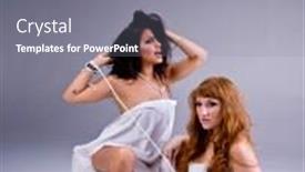  Presentation with two black women - Colorful presentation theme enhanced with two young women one latina with black hair one caucasian with red hair wrapped in white cotton sheets backdrop and a gray colored foreground