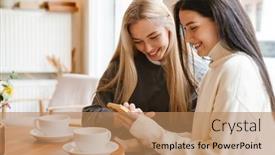  Presentation with women - Presentation design featuring two-young-women-smiling background and a coral colored foreground